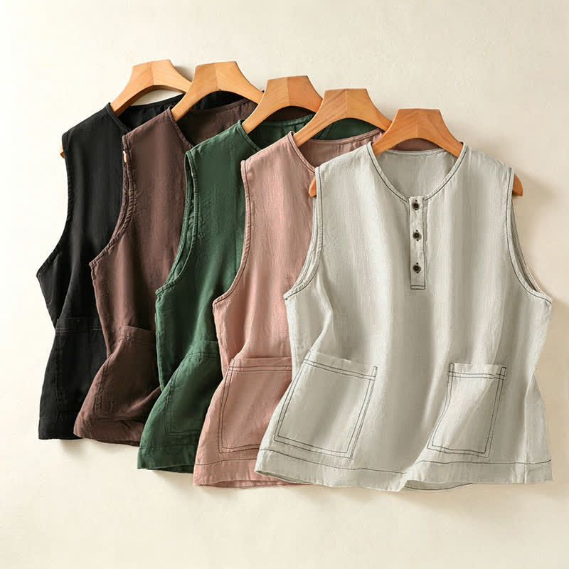 Nimara Ritual Summer Casual Minimalist Button-Up Solid Women's Sleeveless Shirts Tank Top With Patch Pocket