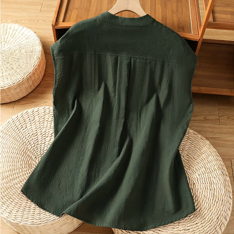 Nimara Ritual Summer Tang Style Casual Mandarin Collar Button-Up Solid Patch Pocket Women's Sleeveless Shirts Tank Top