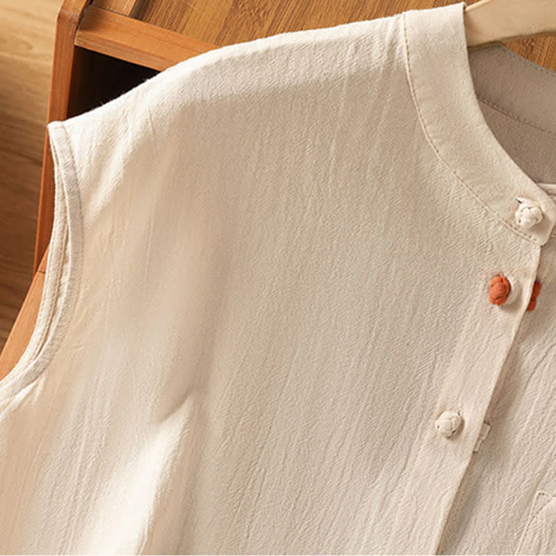 Nimara Ritual Summer Tang Style Casual Mandarin Collar Button-Up Solid Patch Pocket Women's Sleeveless Shirts Tank Top