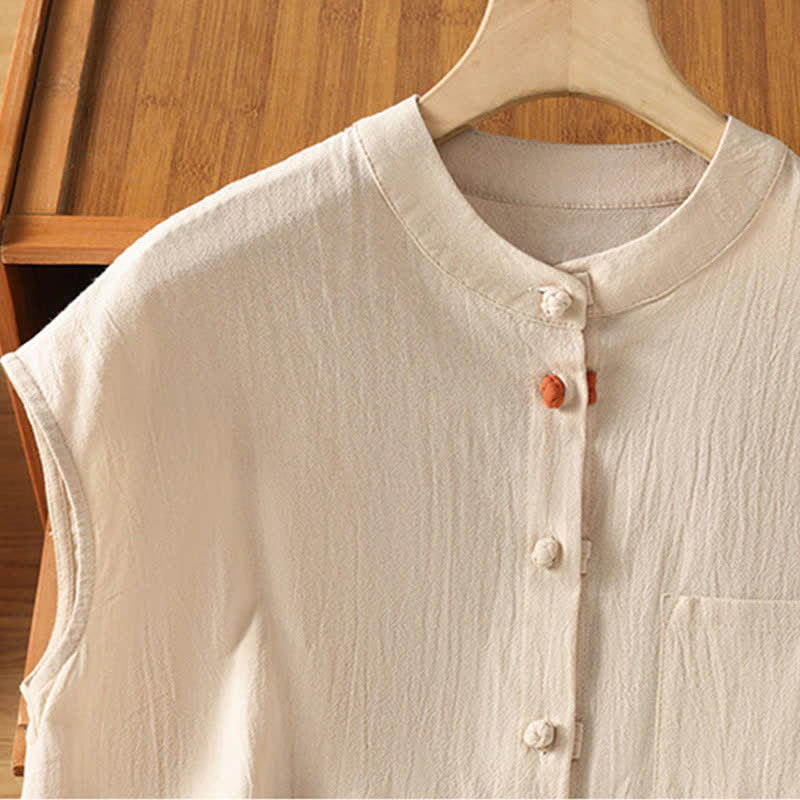 Nimara Ritual Summer Tang Style Casual Mandarin Collar Button-Up Solid Patch Pocket Women's Sleeveless Shirts Tank Top