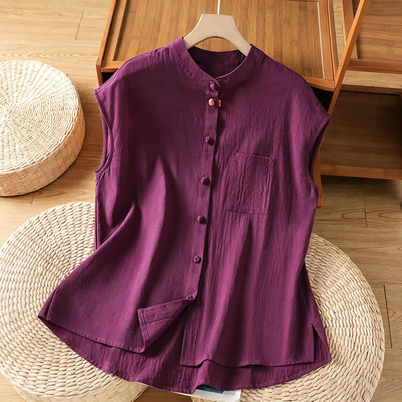 Nimara Ritual Summer Tang Style Casual Mandarin Collar Button-Up Solid Patch Pocket Women's Sleeveless Shirts Tank Top