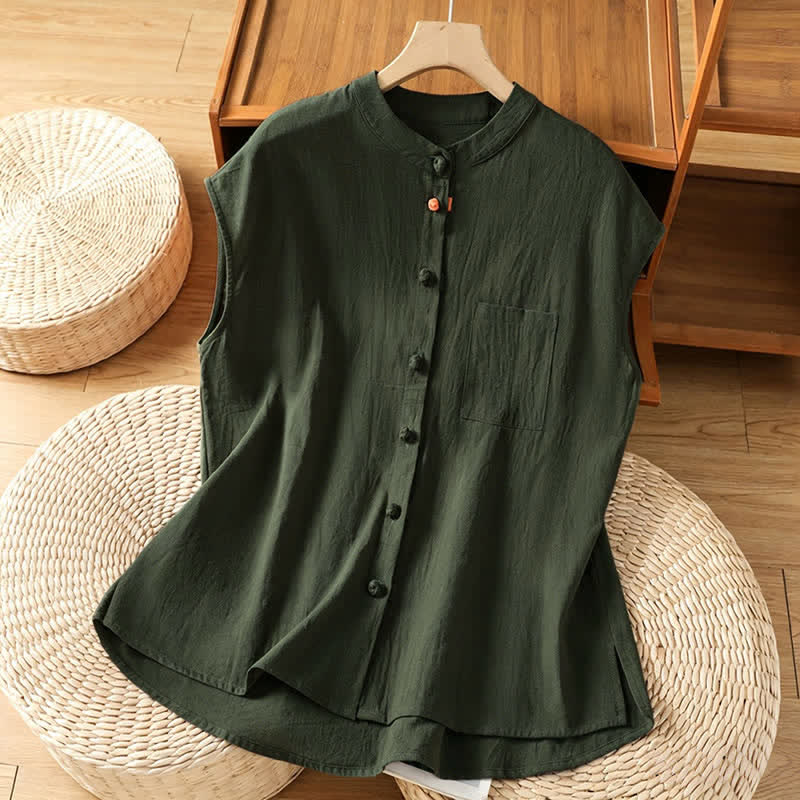 Nimara Ritual Summer Tang Style Casual Mandarin Collar Button-Up Solid Patch Pocket Women's Sleeveless Shirts Tank Top