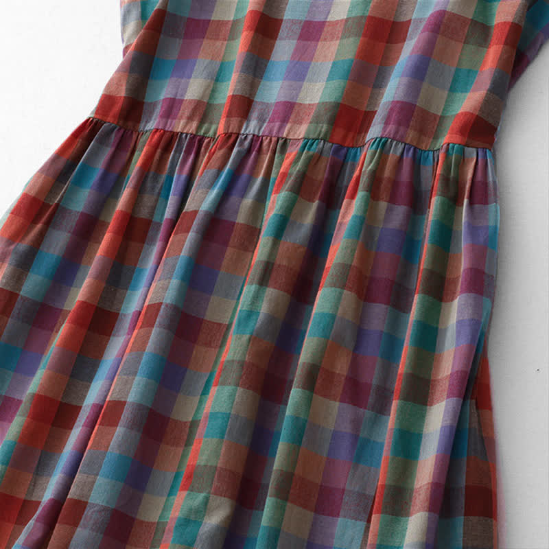Nimara Ritual Summer Casual Vintage Drawstring Rainbow Plaid Women's Summer Sleeveless Dress