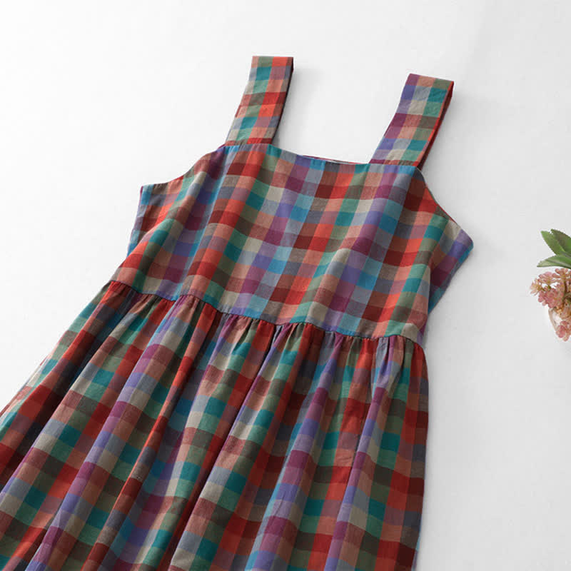 Nimara Ritual Summer Casual Vintage Drawstring Rainbow Plaid Women's Summer Sleeveless Dress