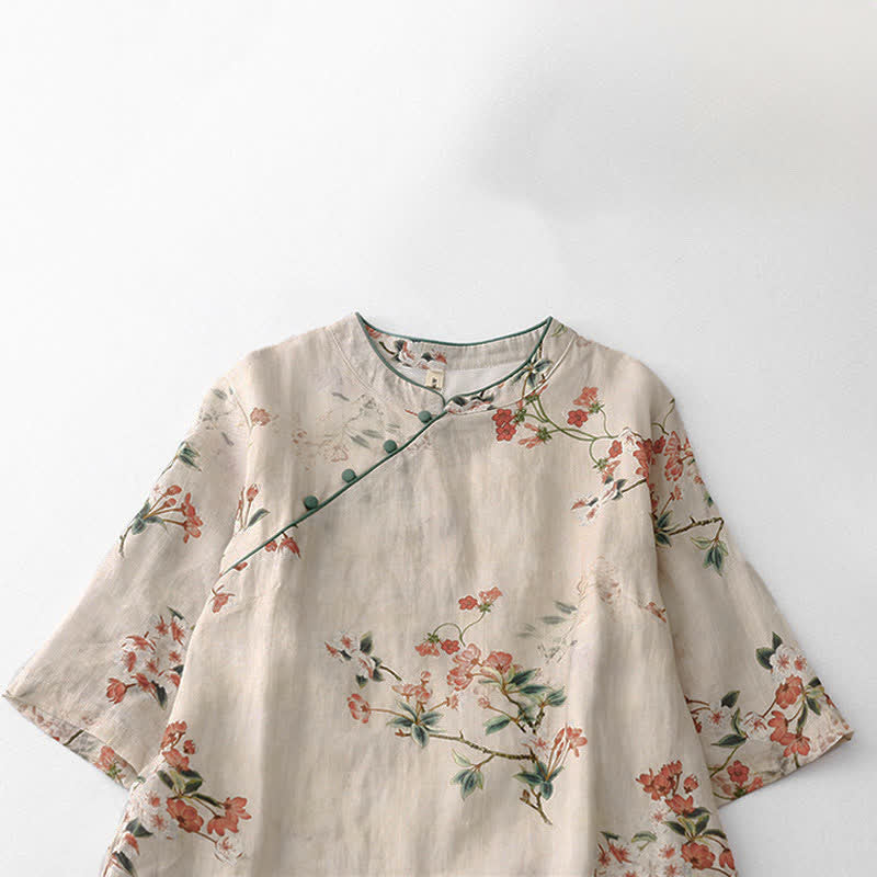 Nimara Ritual Summer Tang Style Mandarin Collar Small Red Flowers Women's Short Sleeve Dress