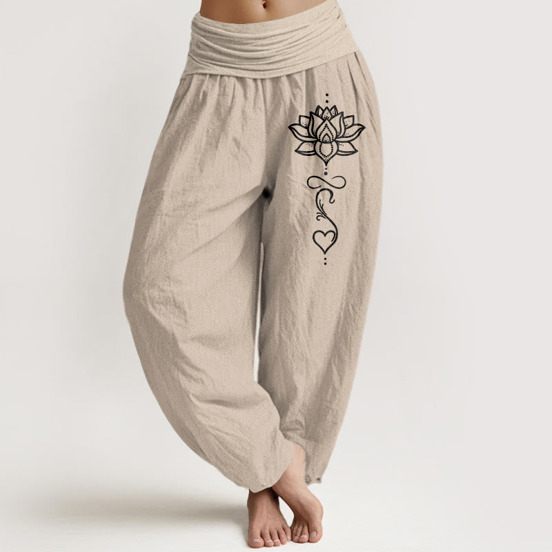 Nimara Ritual Pure Cotton Lotus Heart Pattern Women's Elastic Waist Harem Pants