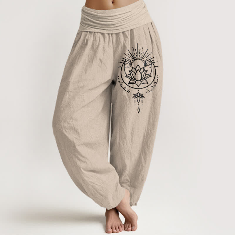Nimara Ritual Pure Cotton Lotus Pattern Women's Elastic Waist Harem Pants