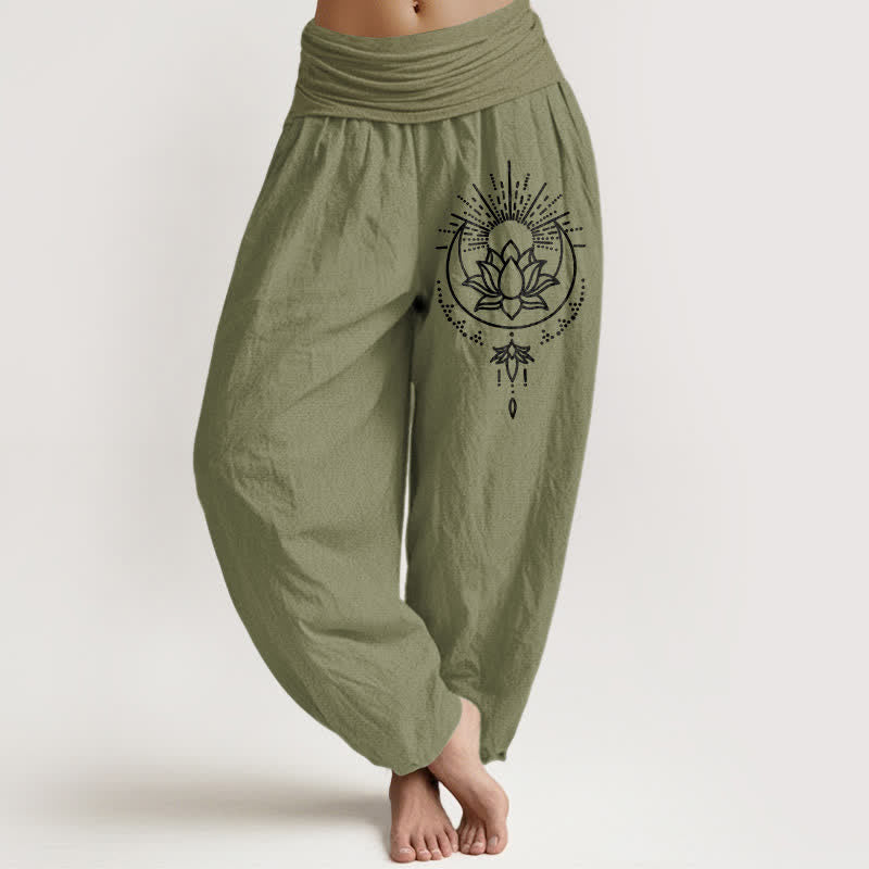Nimara Ritual Pure Cotton Lotus Pattern Women's Elastic Waist Harem Pants