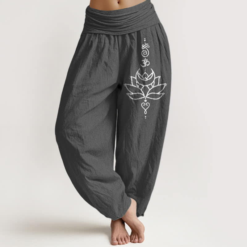 Nimara Ritual Pure Cotton Lotus Bloom Pattern Women's Elastic Waist Harem Pants