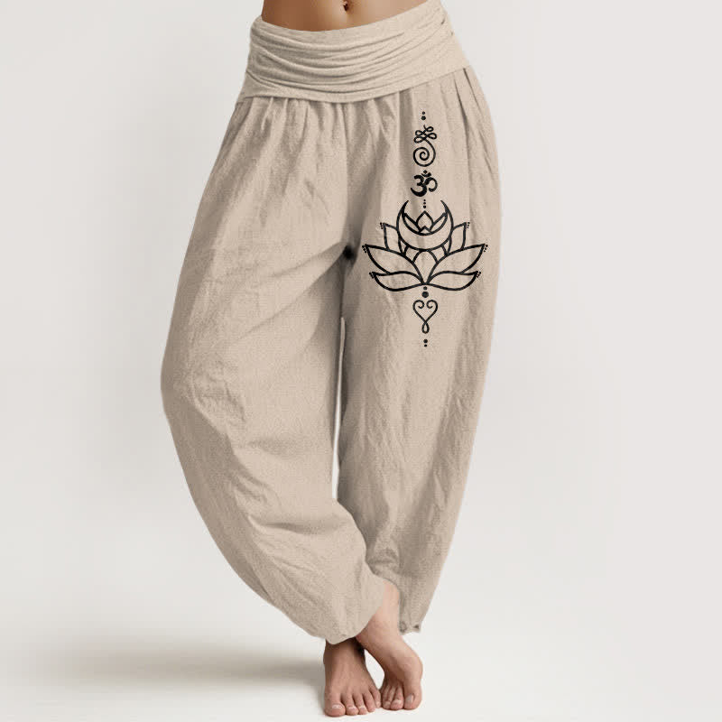 Nimara Ritual Pure Cotton Lotus Bloom Pattern Women's Elastic Waist Harem Pants
