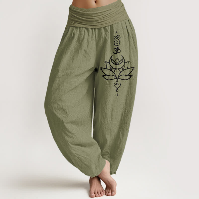 Nimara Ritual Pure Cotton Lotus Bloom Pattern Women's Elastic Waist Harem Pants