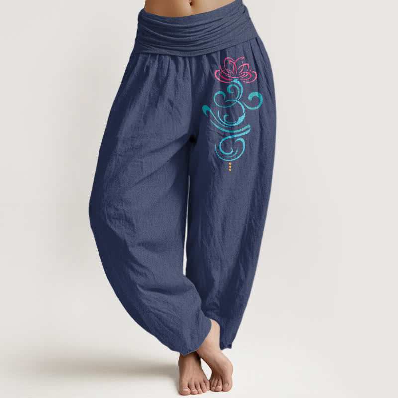 Nimara Ritual Pure Cotton Deep Pink Lotus Blue Swirl Pattern Women's Elastic Waist Harem Pants