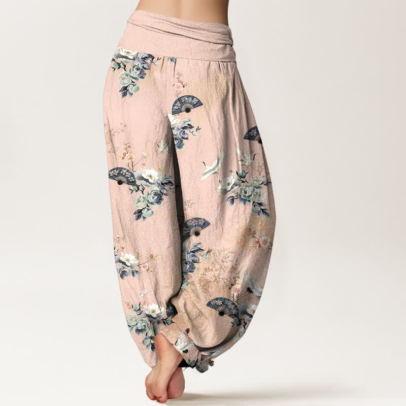 Nimara Ritual Cotton Crane Fan Floral Pattern Women's Elastic Waist Harem Pants