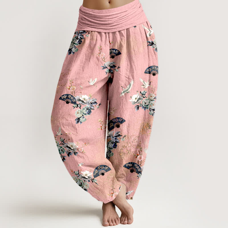 Nimara Ritual Cotton Crane Fan Floral Pattern Women's Elastic Waist Harem Pants