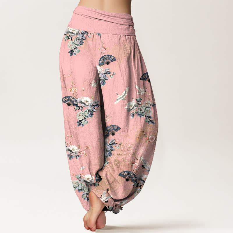 Nimara Ritual Cotton Crane Fan Floral Pattern Women's Elastic Waist Harem Pants