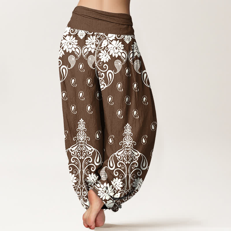 Nimara Ritual Pure Cotton White Paisley Floral Pattern Women's Elastic Waist Harem Pants