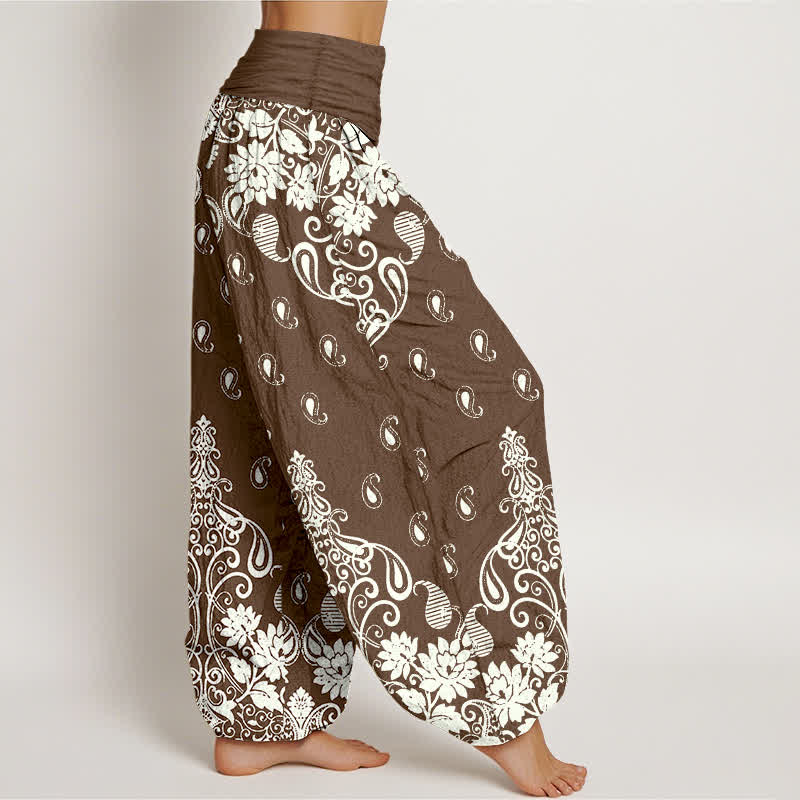Nimara Ritual Pure Cotton White Paisley Floral Pattern Women's Elastic Waist Harem Pants