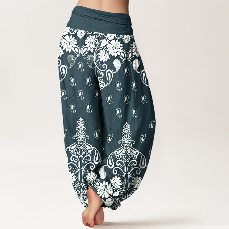 Nimara Ritual Pure Cotton White Paisley Floral Pattern Women's Elastic Waist Harem Pants