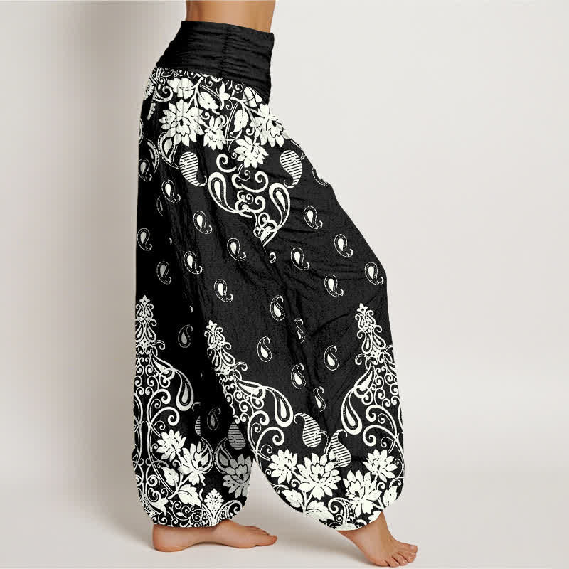 Nimara Ritual Pure Cotton White Paisley Floral Pattern Women's Elastic Waist Harem Pants