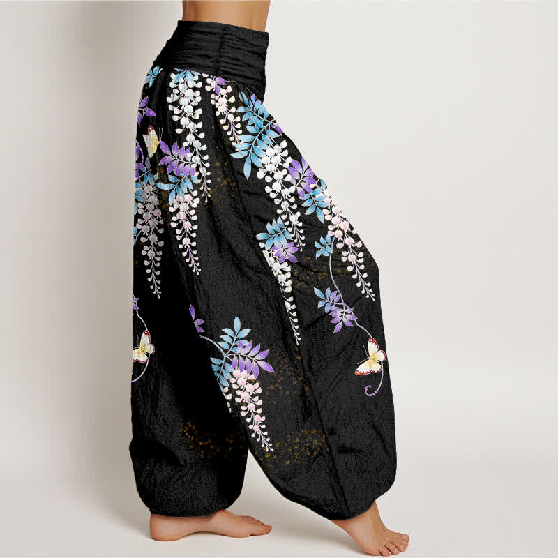 Nimara Ritual Pure Cotton Wisteria Butterfly Pattern Women's Elastic Waist Harem Pants