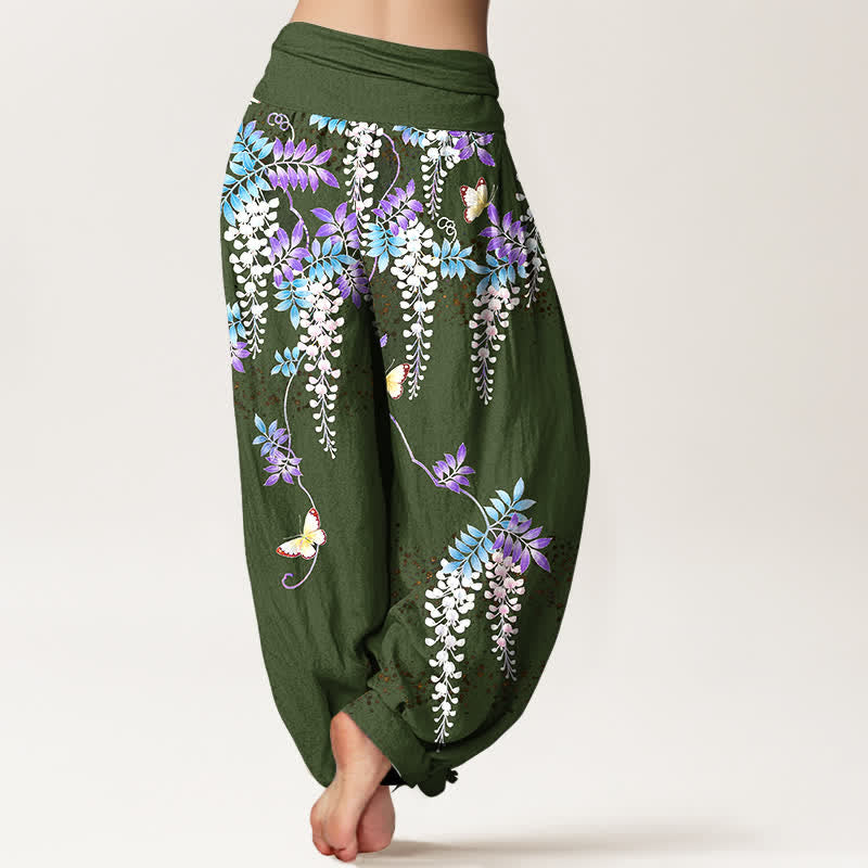 Nimara Ritual Pure Cotton Wisteria Butterfly Pattern Women's Elastic Waist Harem Pants
