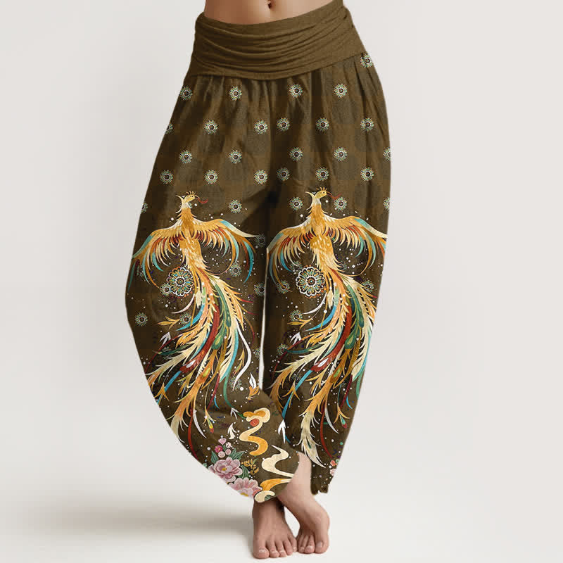 Nimara Ritual Cotton Gold Phoenix Pattern Women's Elastic Waist Harem Pants