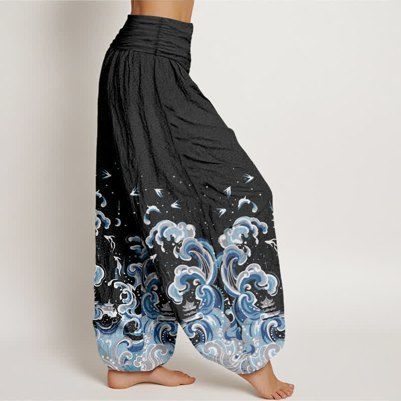 Nimara Ritual Cotton Ocean Blue Wave Pattern Women's Elastic Waist Harem Pants