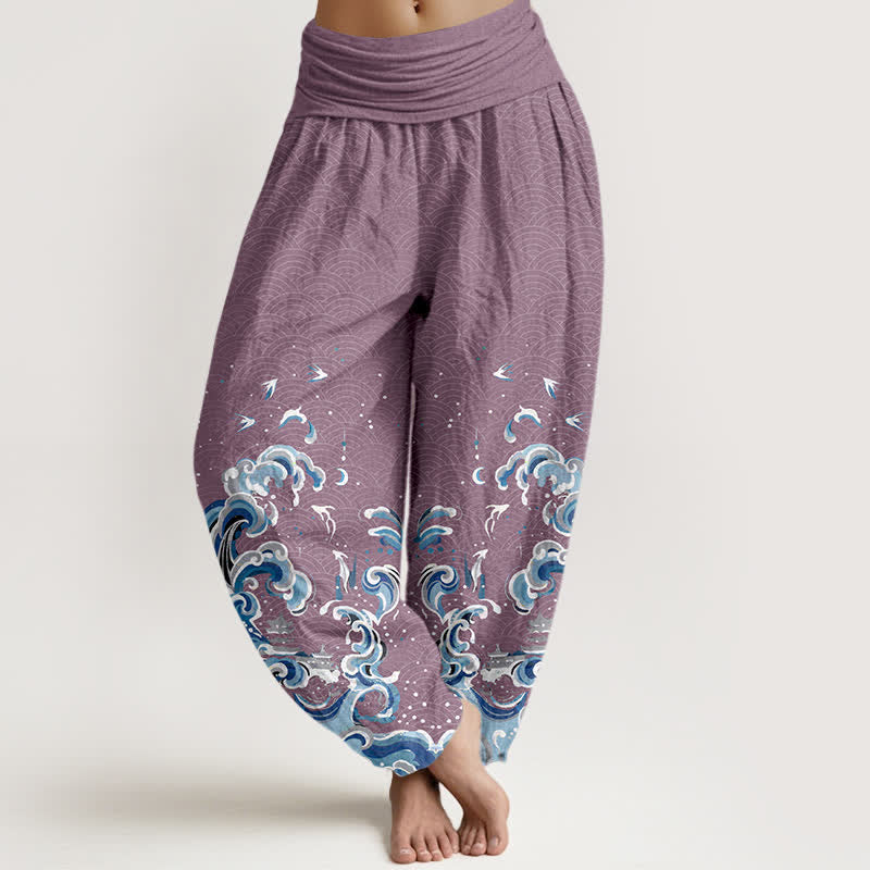 Nimara Ritual Cotton Ocean Blue Wave Pattern Women's Elastic Waist Harem Pants