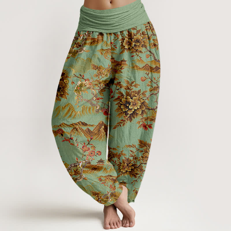 Nimara Ritual Cotton Vintage DarkGoldenrod Floral Landscape Pattern Women's Elastic Waist Harem Pants