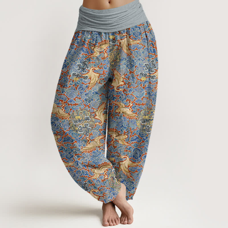Nimara Ritual Cotton Crane Auspicious Cloud Floral Pattern Women's Elastic Waist Harem Pants