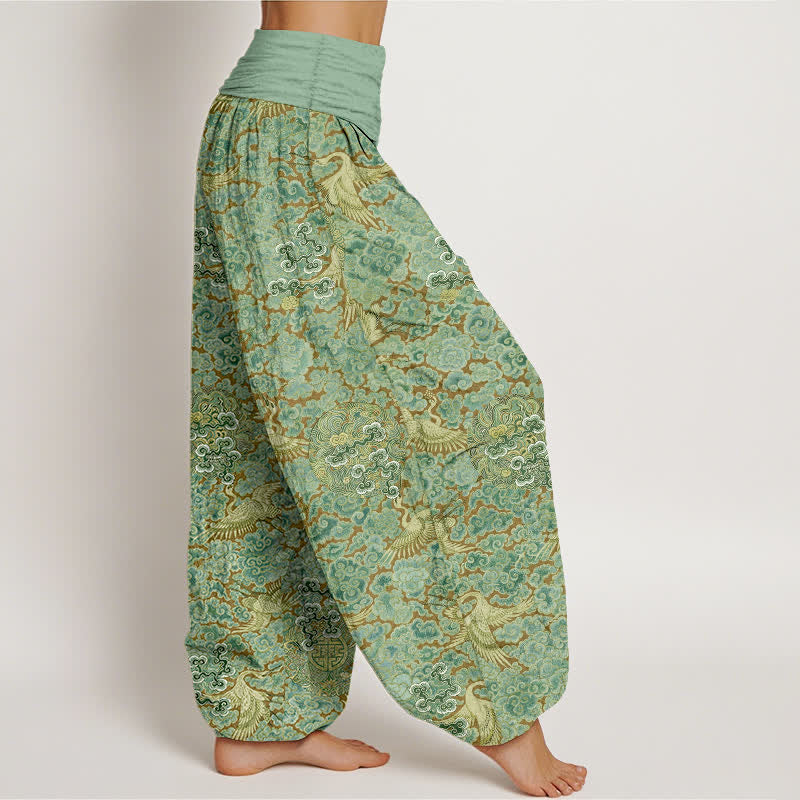Nimara Ritual Cotton Crane Auspicious Cloud Floral Pattern Women's Elastic Waist Harem Pants