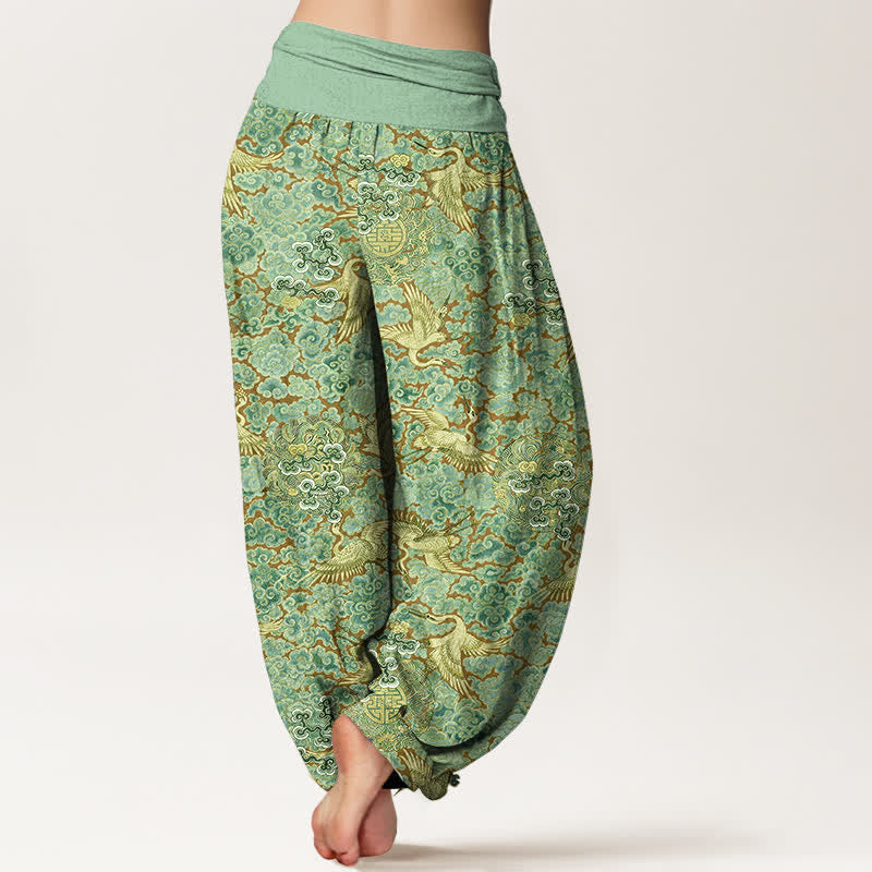 Nimara Ritual Cotton Crane Auspicious Cloud Floral Pattern Women's Elastic Waist Harem Pants