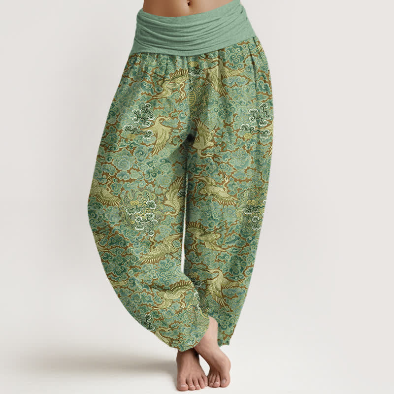 Nimara Ritual Cotton Crane Auspicious Cloud Floral Pattern Women's Elastic Waist Harem Pants