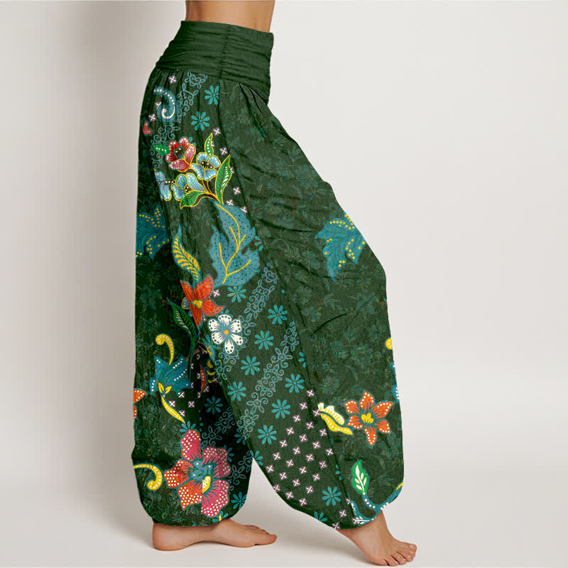 Nimara Ritual Pure Cotton Bohemian Colorful Flower Pattern Women's Elastic Waist Harem Pants