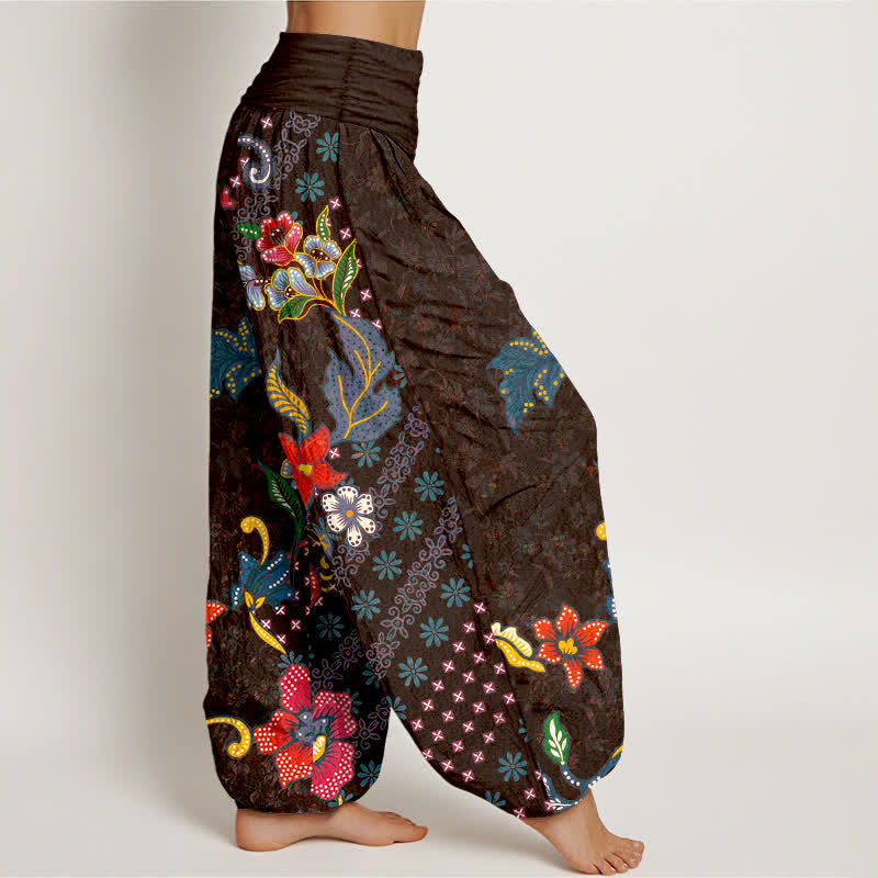 Nimara Ritual Pure Cotton Bohemian Colorful Flower Pattern Women's Elastic Waist Harem Pants