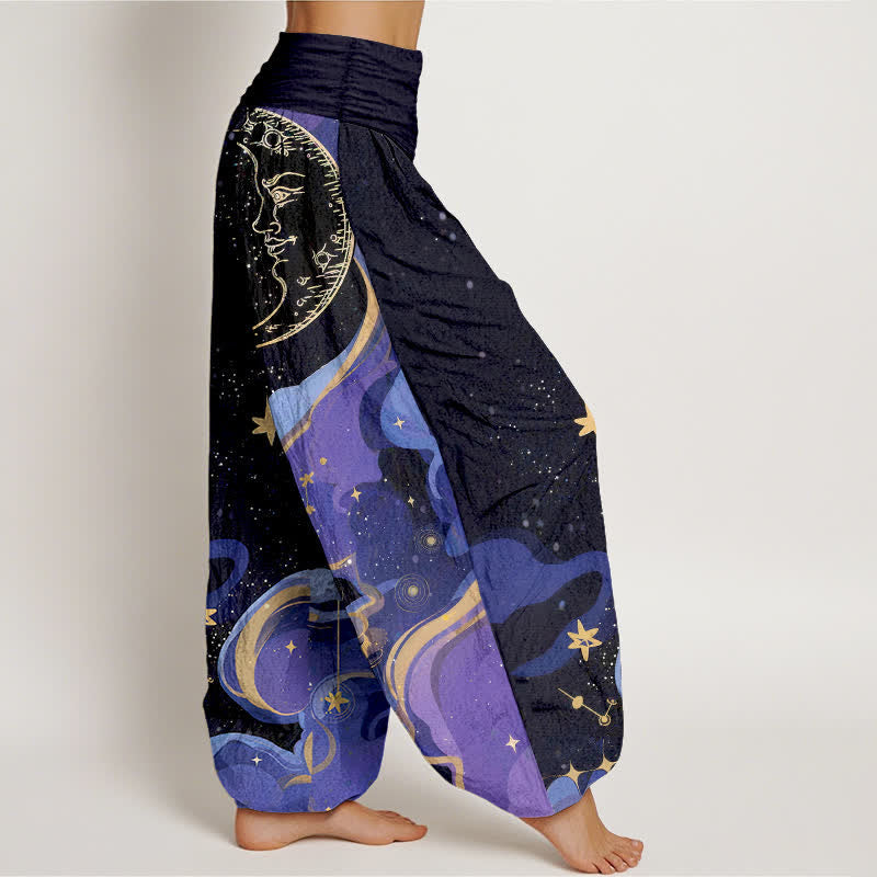 Nimara Ritual Cotton Celestial Sun Moon & Star Wave Pattern Women's Elastic Waist Harem Pants