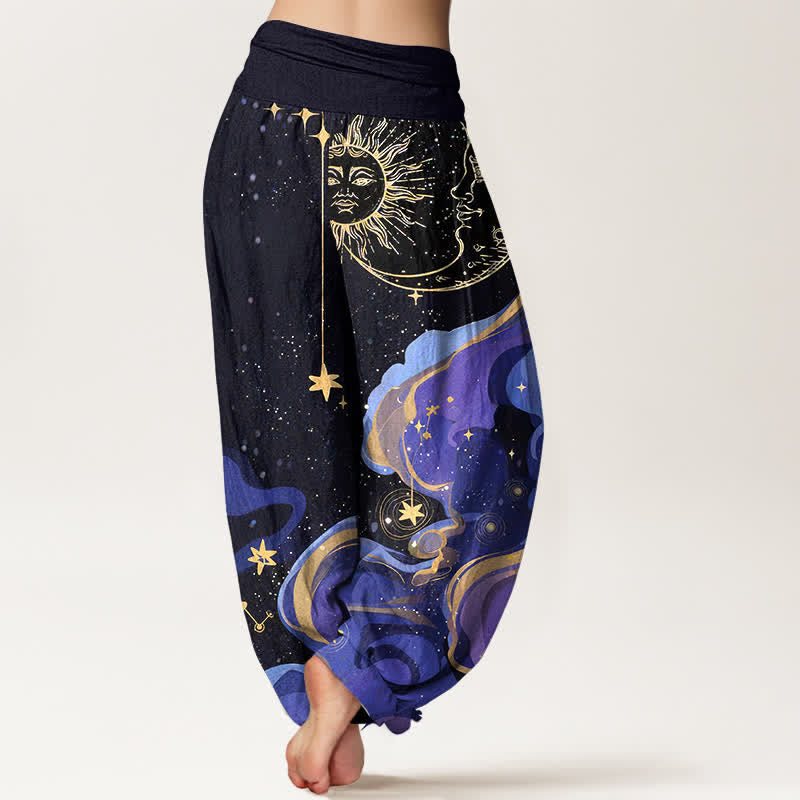 Nimara Ritual Cotton Celestial Sun Moon & Star Wave Pattern Women's Elastic Waist Harem Pants