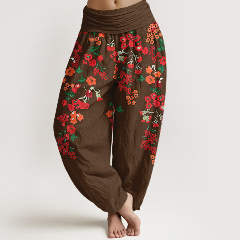 Nimara Ritual Cotton Bohemian Red Floral Pattern Women's Elastic Waist Harem Pants