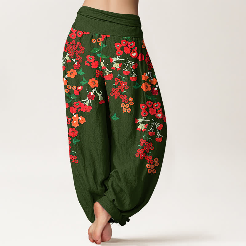 Nimara Ritual Cotton Bohemian Red Floral Pattern Women's Elastic Waist Harem Pants