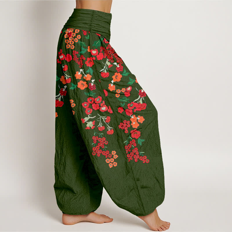 Nimara Ritual Cotton Bohemian Red Floral Pattern Women's Elastic Waist Harem Pants