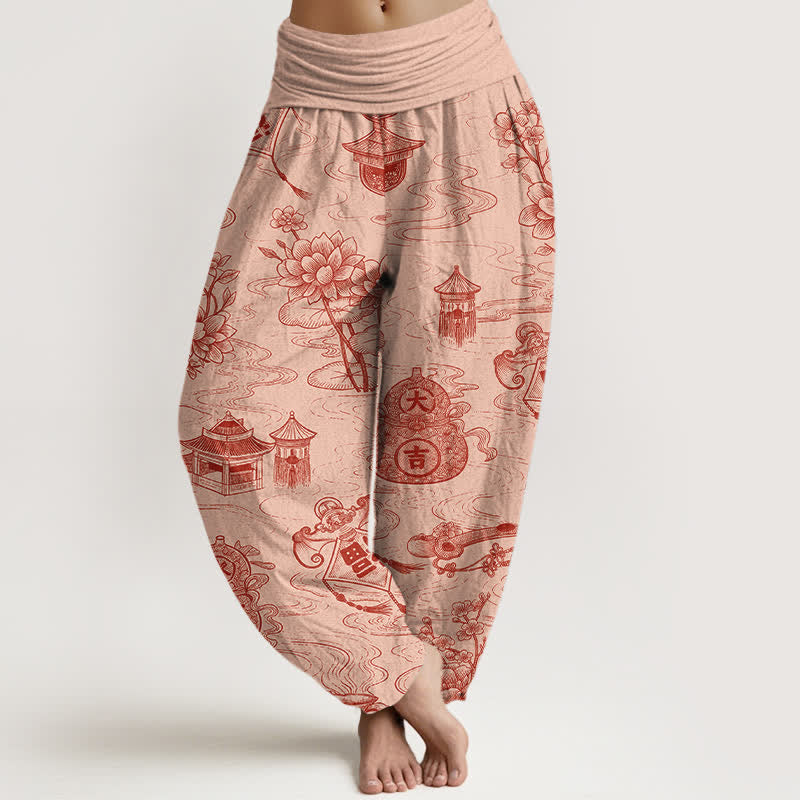 Nimara Ritual Cotton Lotus Pavilion Gourd Pattern Women's Elastic Waist Harem Pants