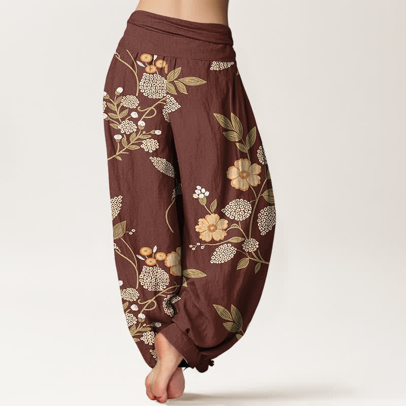 Nimara Ritual Pure Cotton Vintage Floral Leaf Pattern Women's Elastic Waist Harem Pants