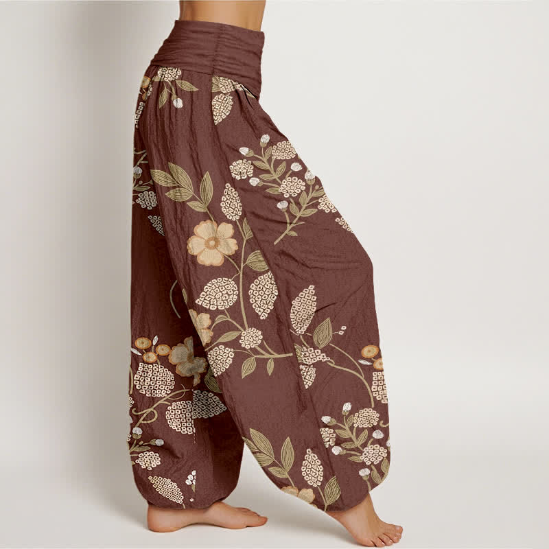 Nimara Ritual Pure Cotton Vintage Floral Leaf Pattern Women's Elastic Waist Harem Pants