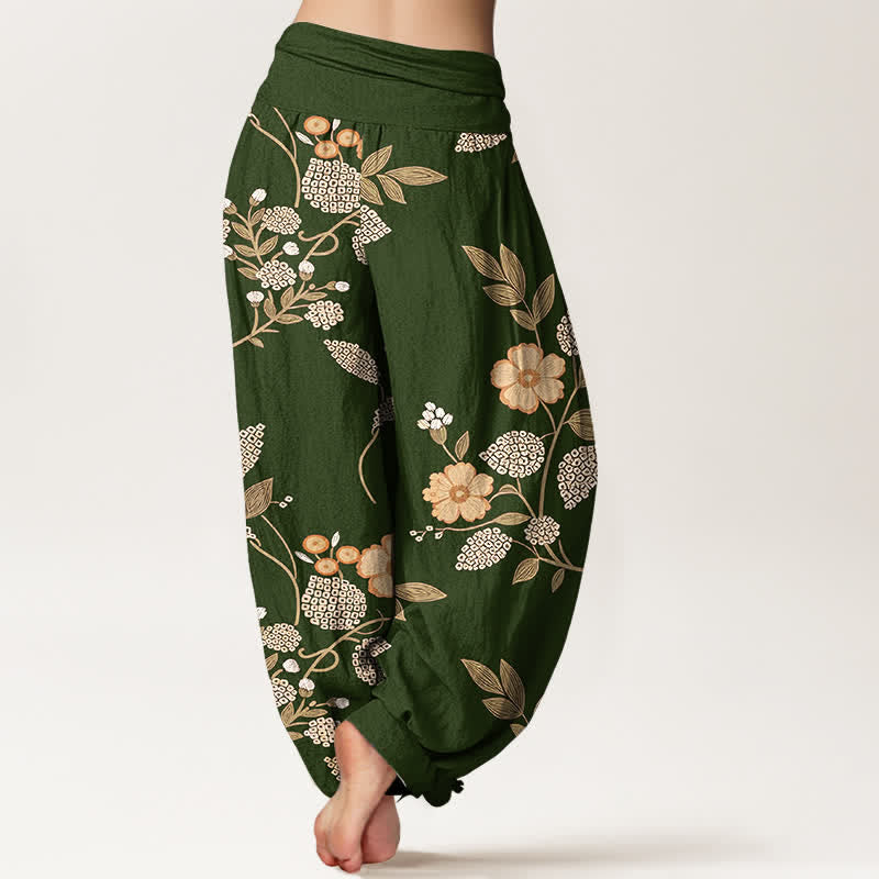 Nimara Ritual Pure Cotton Vintage Floral Leaf Pattern Women's Elastic Waist Harem Pants