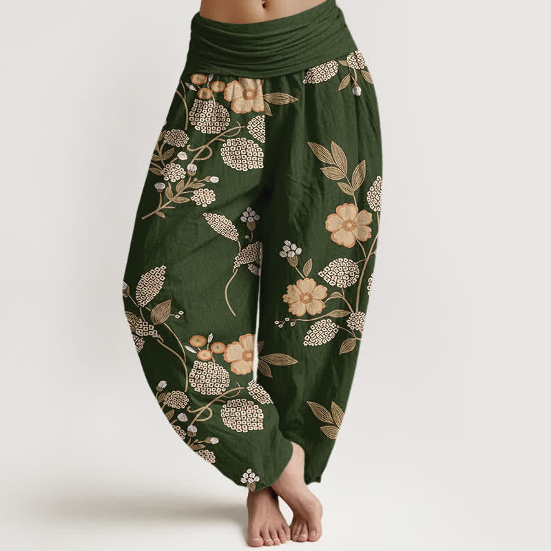 Nimara Ritual Pure Cotton Vintage Floral Leaf Pattern Women's Elastic Waist Harem Pants