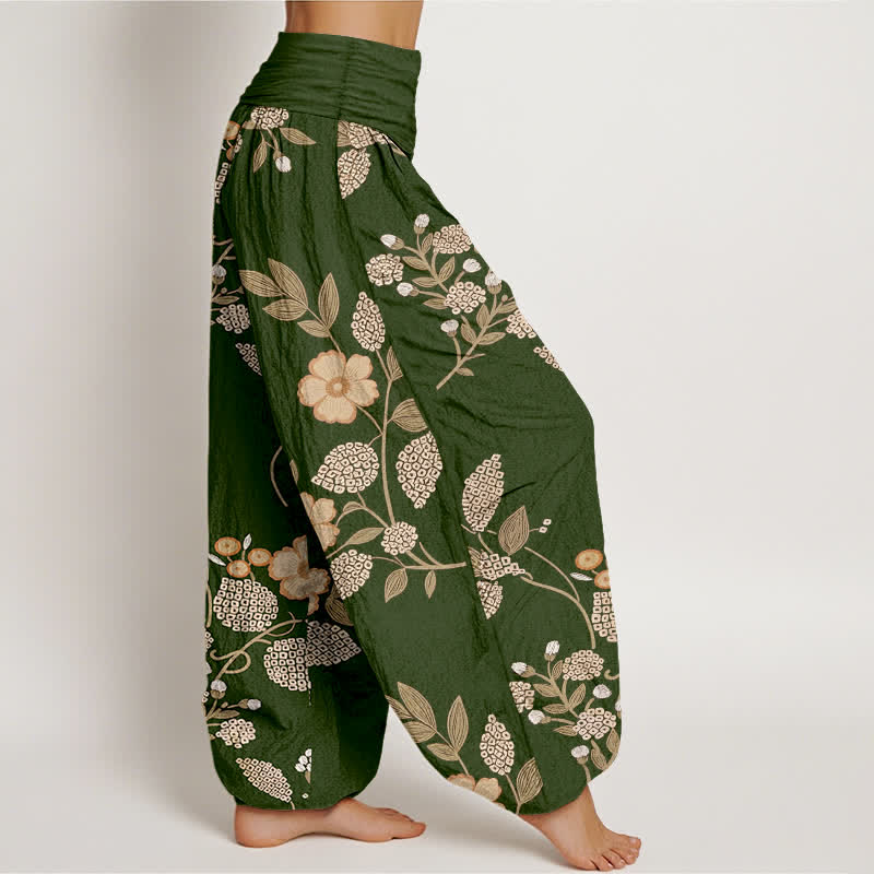 Nimara Ritual Pure Cotton Vintage Floral Leaf Pattern Women's Elastic Waist Harem Pants