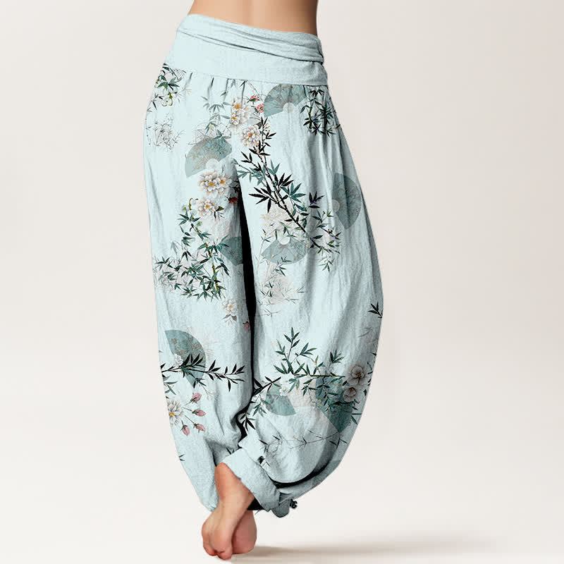 Nimara Ritual Cotton Bamboo Blossom Fan Pattern Women's Elastic Waist Harem Pants