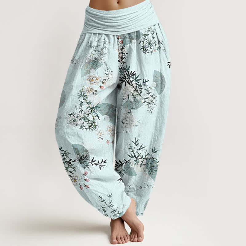 Nimara Ritual Cotton Bamboo Blossom Fan Pattern Women's Elastic Waist Harem Pants