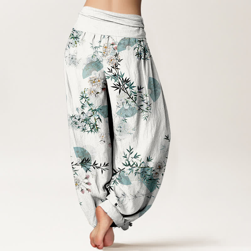 Nimara Ritual Cotton Bamboo Blossom Fan Pattern Women's Elastic Waist Harem Pants