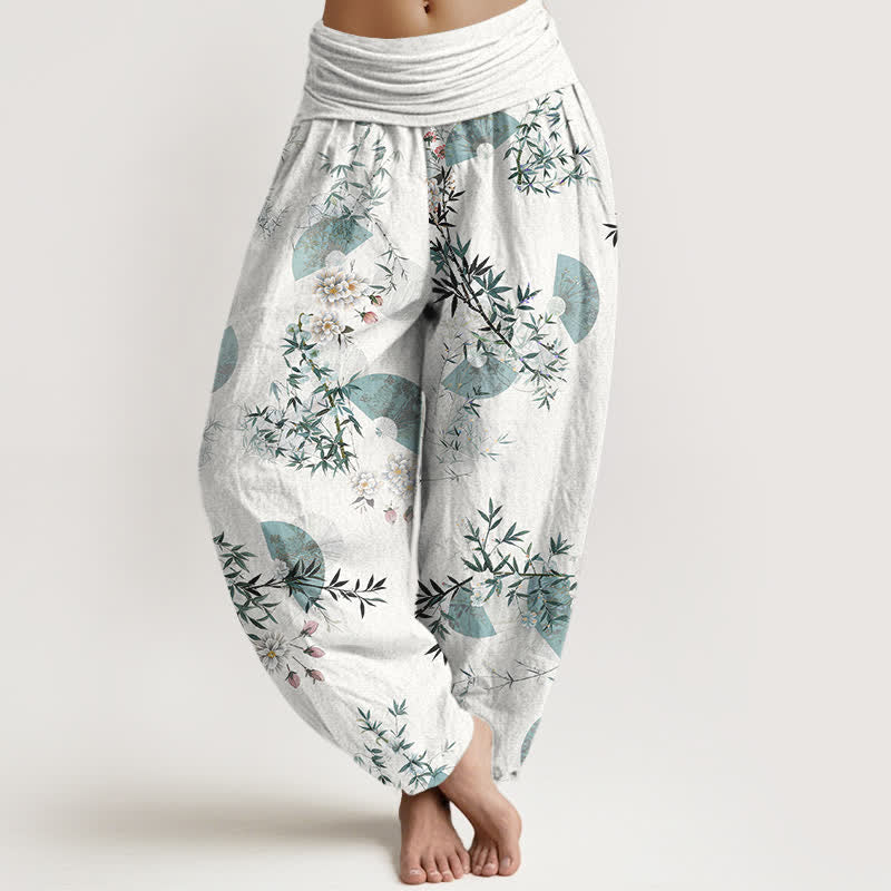 Nimara Ritual Cotton Bamboo Blossom Fan Pattern Women's Elastic Waist Harem Pants